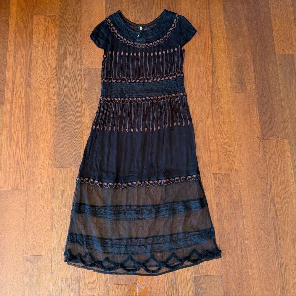 Free People Black Sheer Embroidered Dress with Lace 20s Inspired - Picture 5 of 10